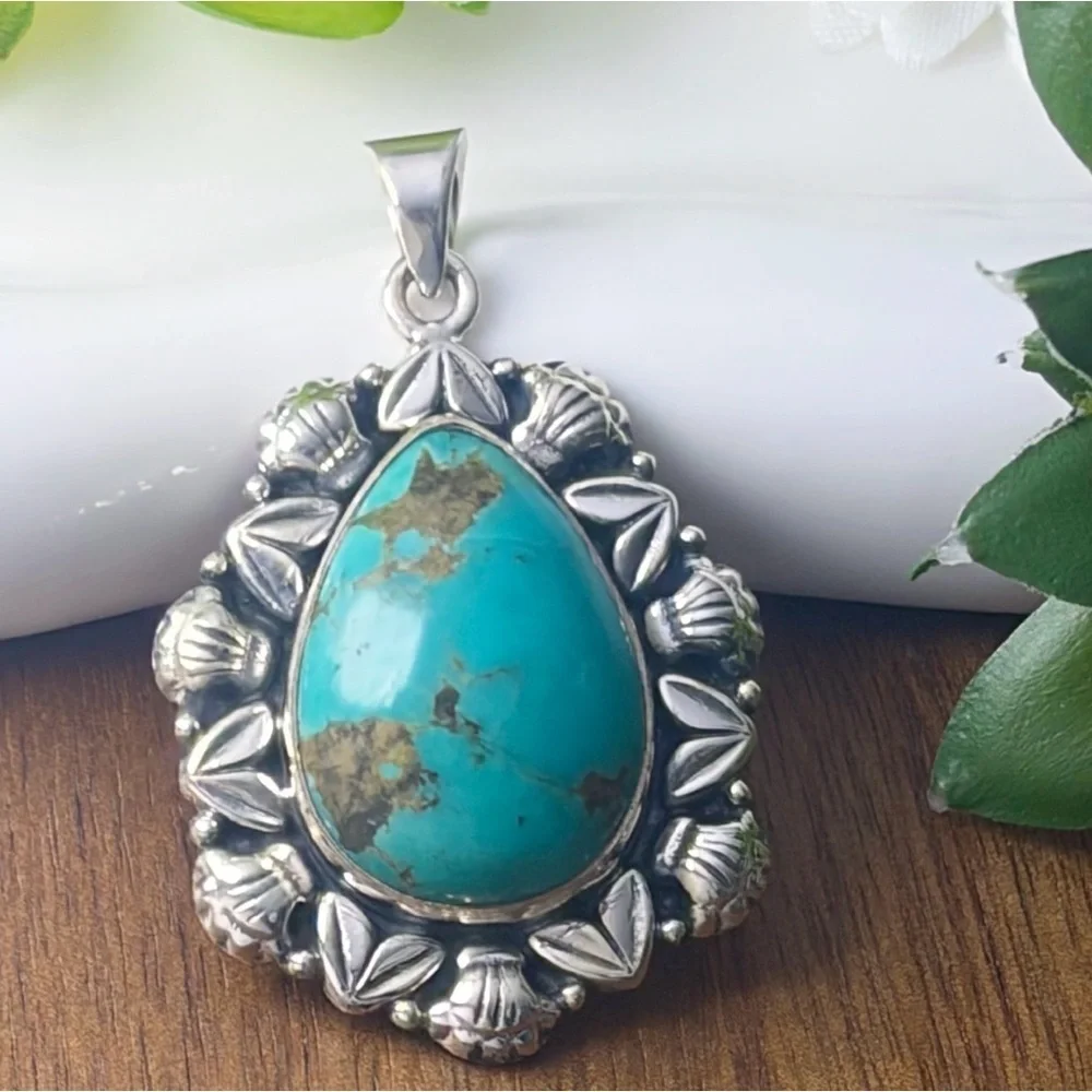 Pure Sterling Silver 925 Genuine Turquoise Pendant Southwest Navajo Style New